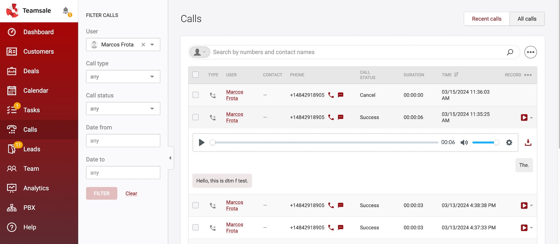 Calls within CRM