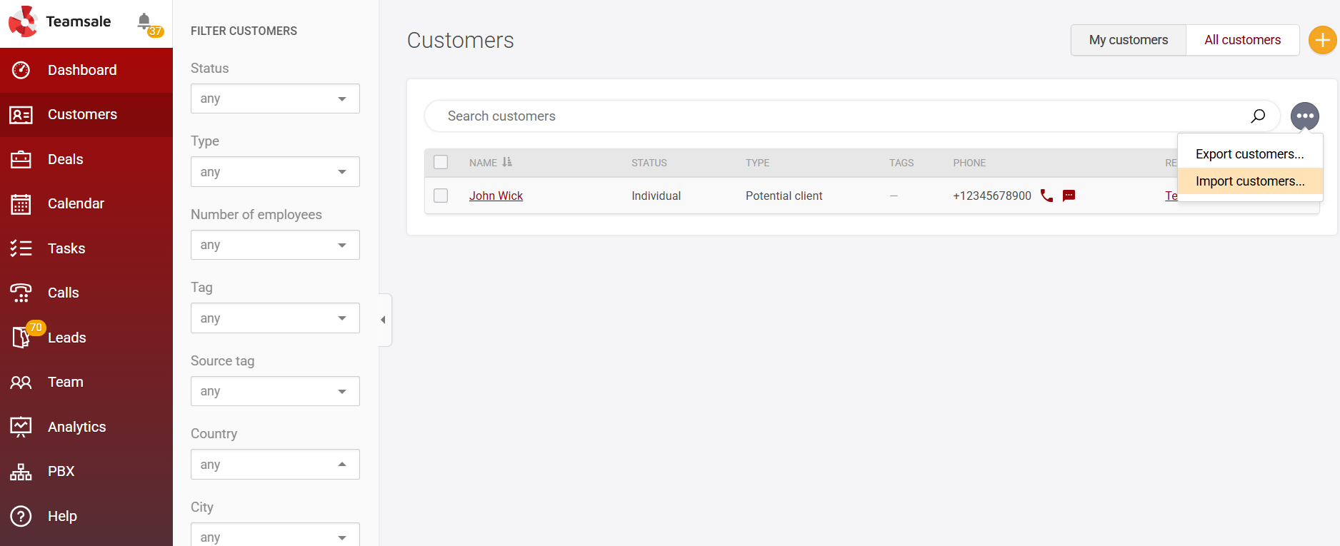 Customers section in Teamsale CRM