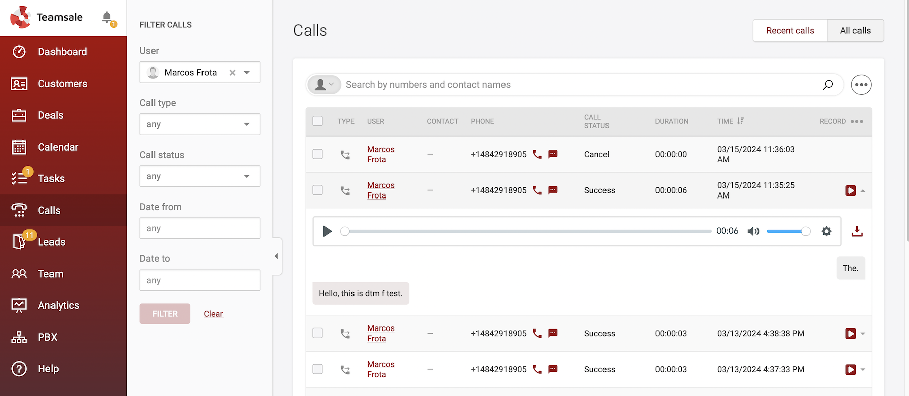 Calls within CRM