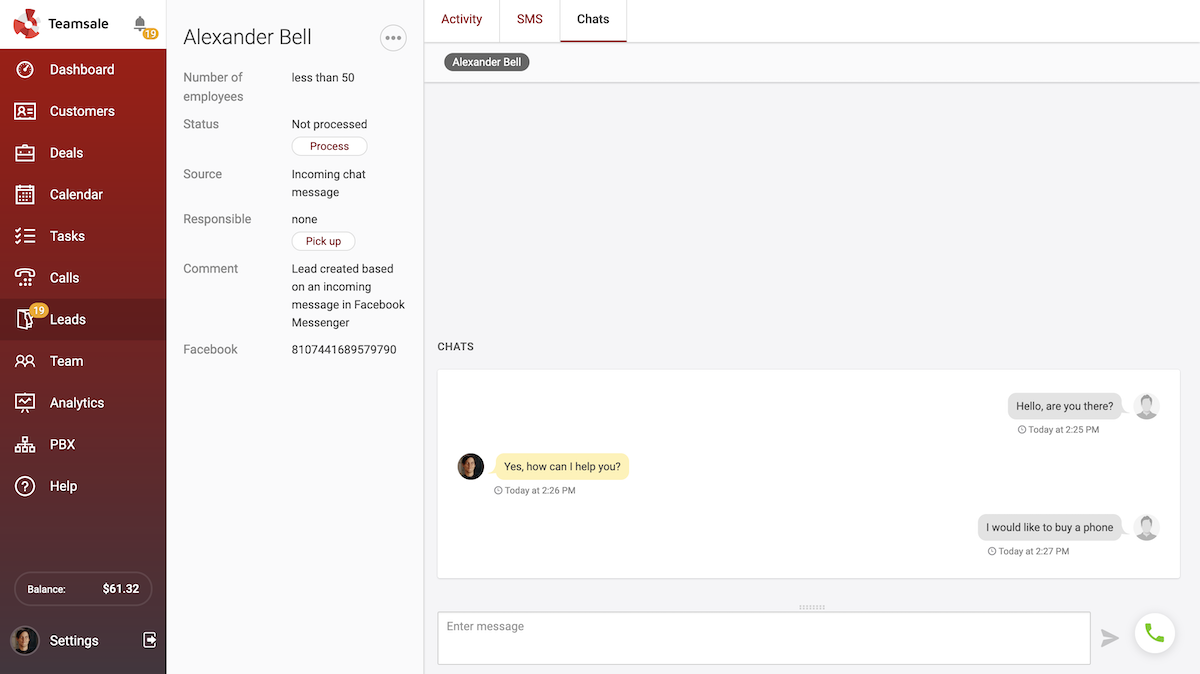 Facebook chats in Teamsale CRM